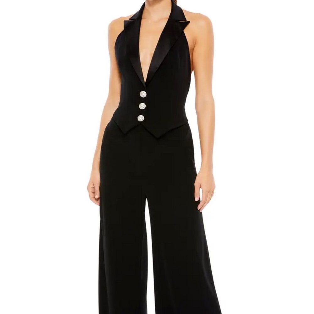 Mac Duggal Jet Black Plunge Neck Tuxedo Jumpsuit